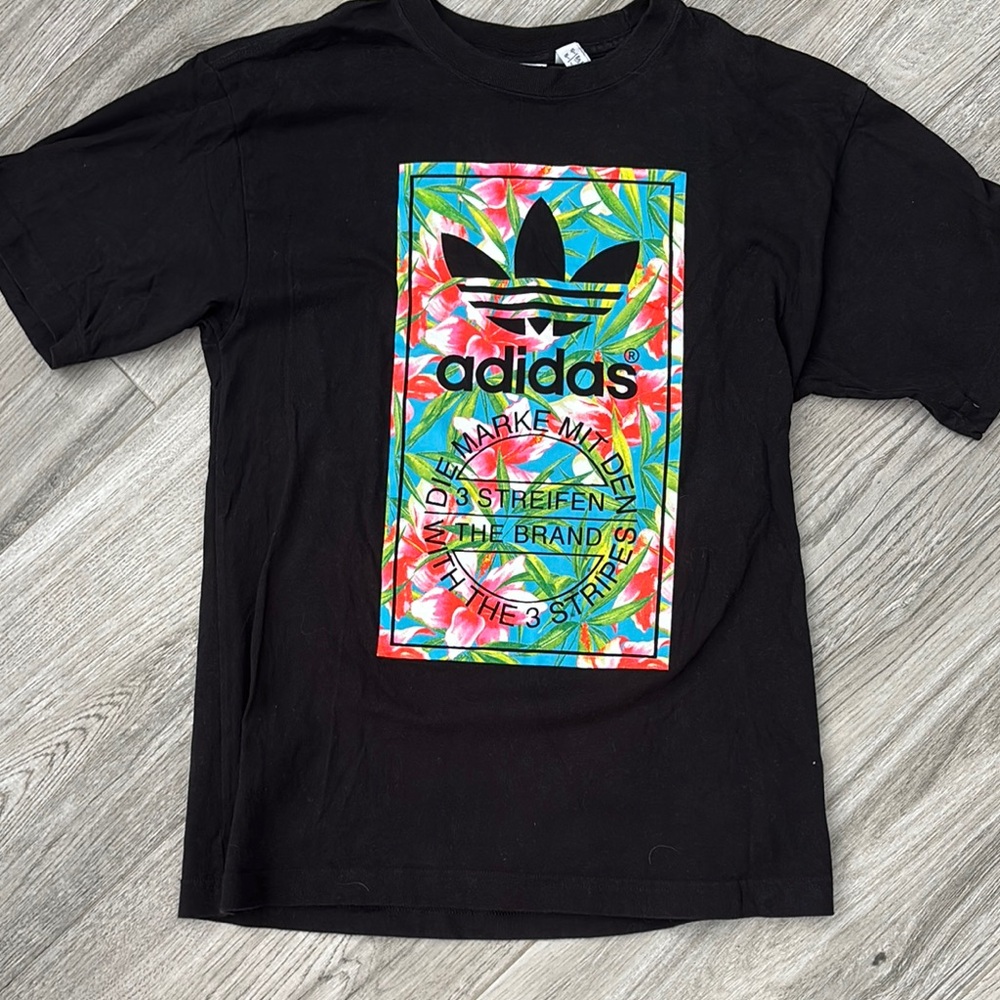 Adidas Black Tee with Colorful Floral Graphic